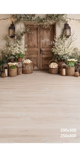 Tło fotograficzne „Rustykalne drzwi wielkanocne z koszami jajek i tulipanami” | E653